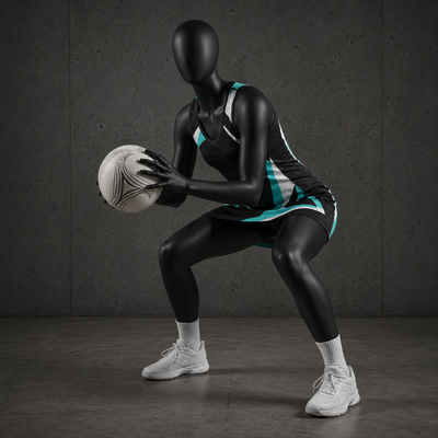 A glossy black mannequin dressed in a black and teal athletic uniform, holding a white soccer ball in a crouched position against a dark gray concrete wall and floor.