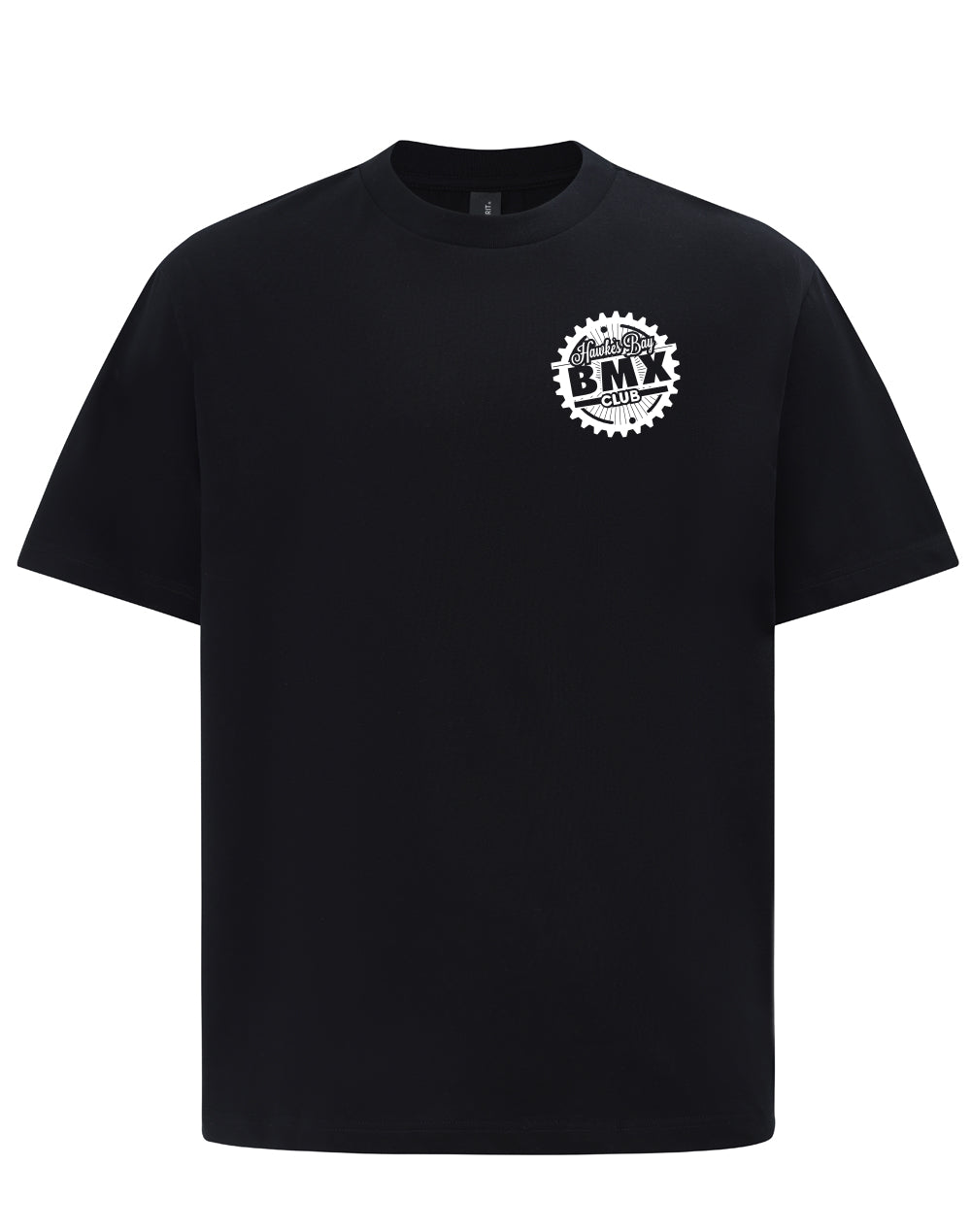 A black short-sleeve crewneck t-shirt with a white circular BMX graphic printed on the left chest, displayed on a clean white background.