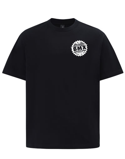 A black short-sleeve crewneck t-shirt with a white circular BMX graphic printed on the left chest, displayed on a clean white background.