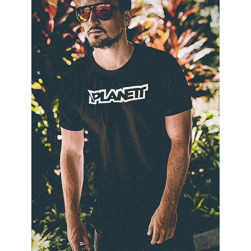 Black t-shirt with white logo.