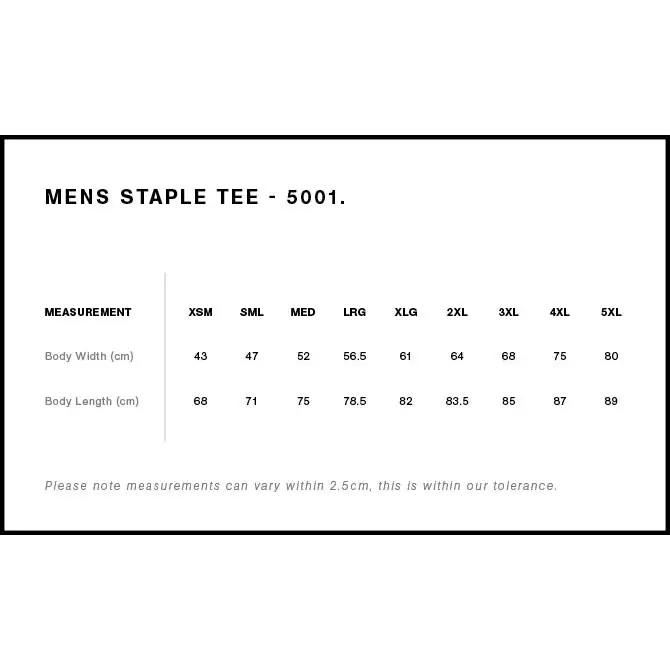 Men’s t-shirt size chart.