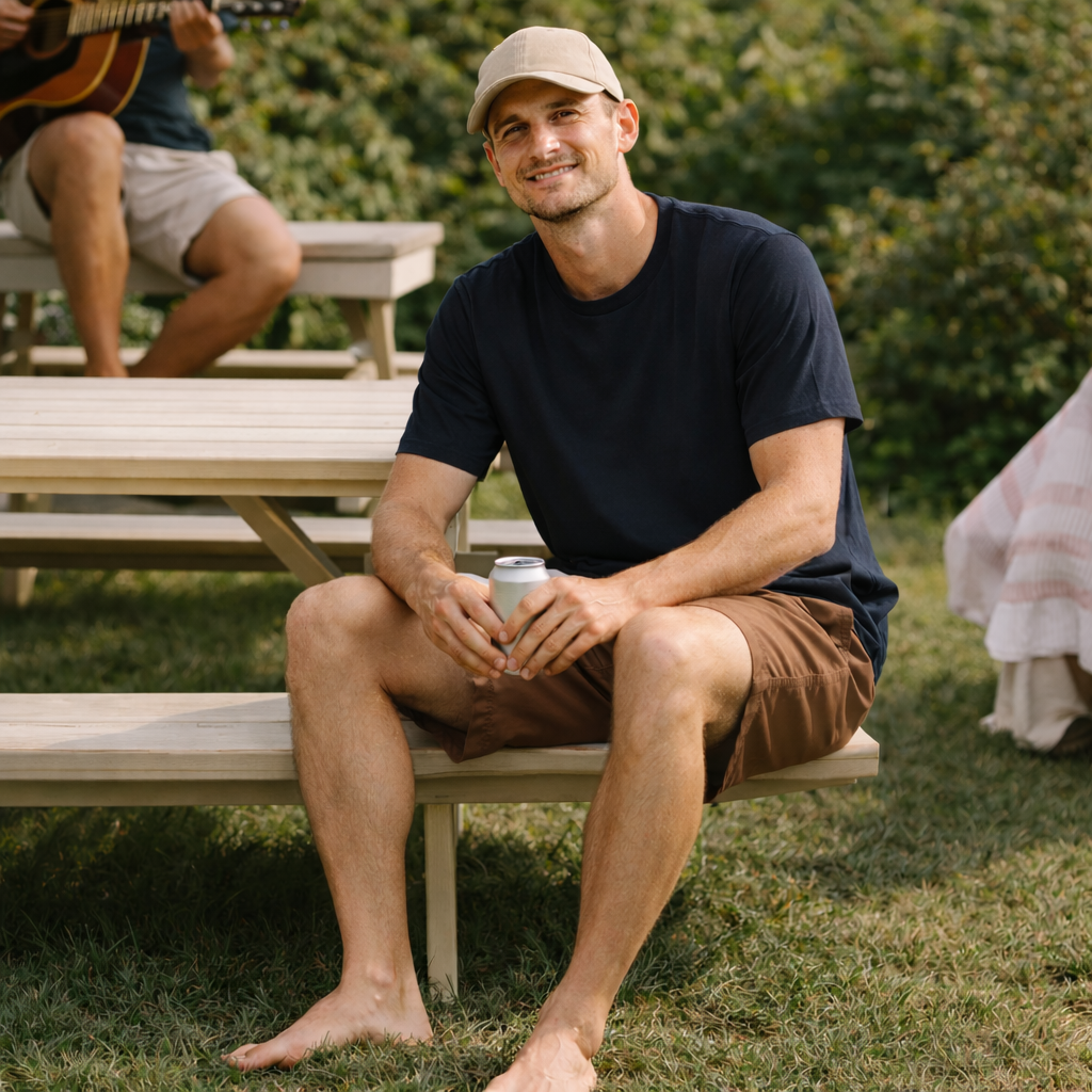 A man wearing a beige cap and navy blue t-shirt sits barefoot on a wooden bench, holding a silver can.