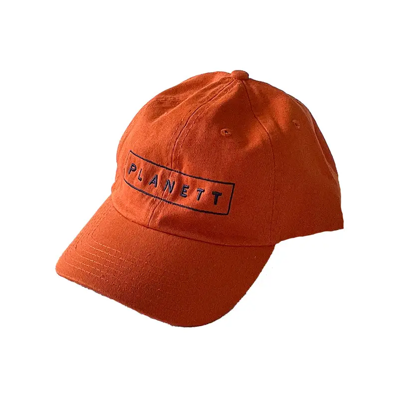 Orange baseball cap.