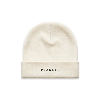 Off-white knit beanie.