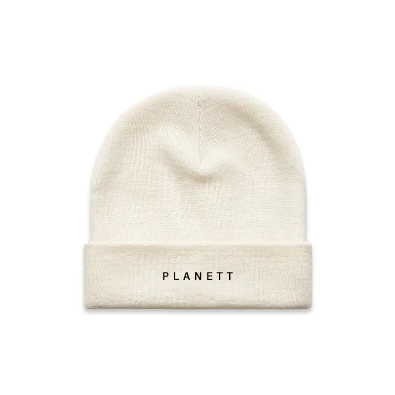 Off-white knit beanie.