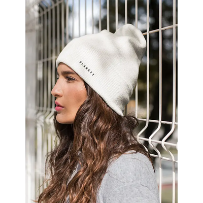 White knit beanie.