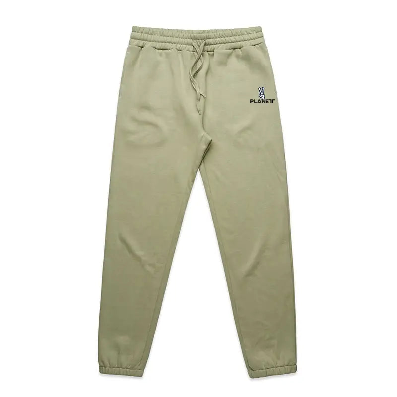 Olive-green sweatpants with drawstring.