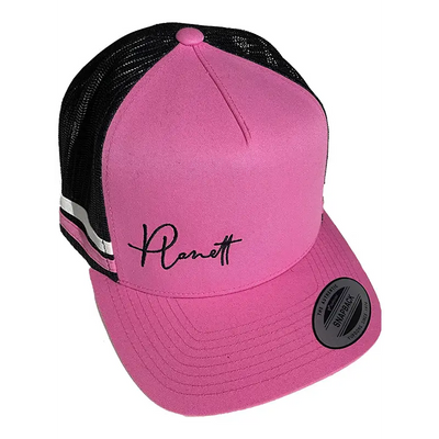 Pink and black trucker hat.