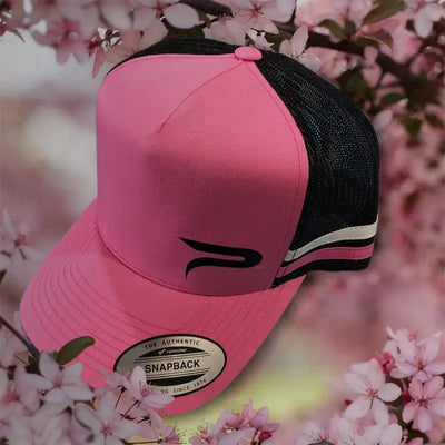 Pink and black snapback cap.