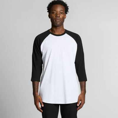 3/4 sleeve baseball t-shirt with black sleeves and white body, made of cotton.