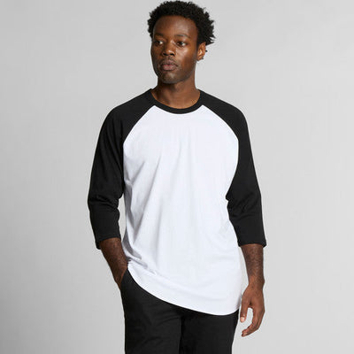 3/4 sleeve baseball jersey shirt with black sleeves and white body, made of cotton.