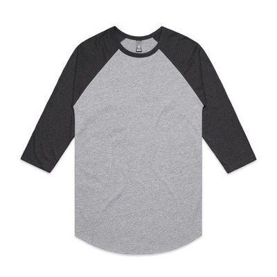 3/4 sleeve raglan baseball shirt with black sleeves and gray body, made of cotton.