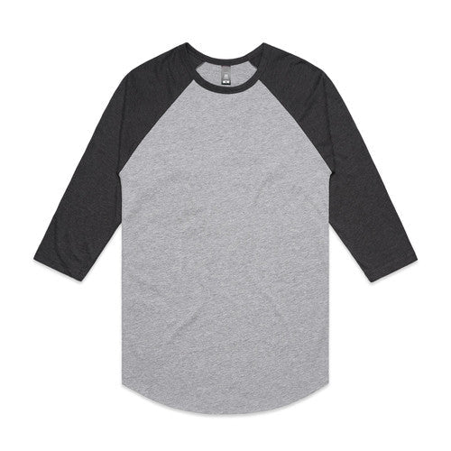 3/4 sleeve raglan baseball shirt with black sleeves and gray body, made of cotton.