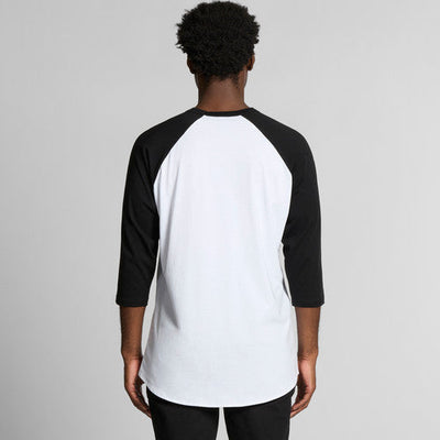 3/4 sleeve baseball jersey with raglan sleeves, white and black color block design.