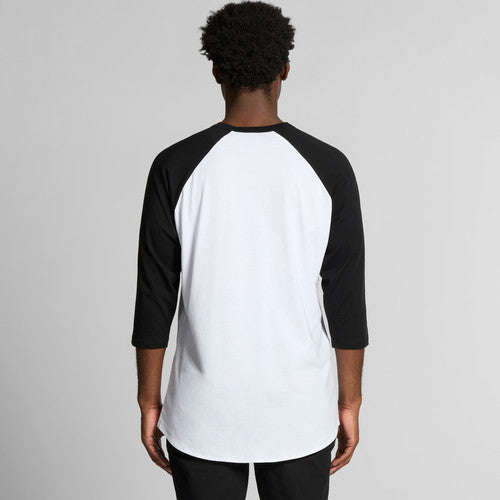 3/4 sleeve baseball jersey with raglan sleeves, white and black color block design.