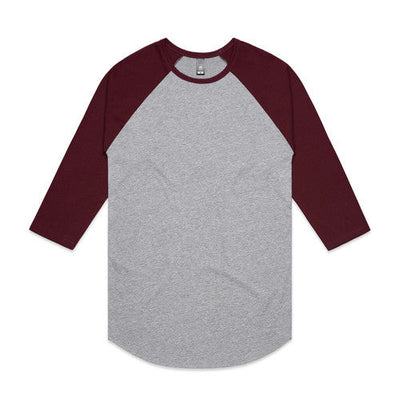 3/4 sleeve raglan baseball shirt in maroon and gray.