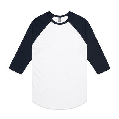 3/4 sleeve baseball jersey with raglan sleeves, white and navy blue color combination.