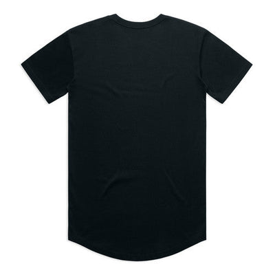 Black longline t-shirt with curved hem and short sleeves, likely made of cotton or polyester blend.