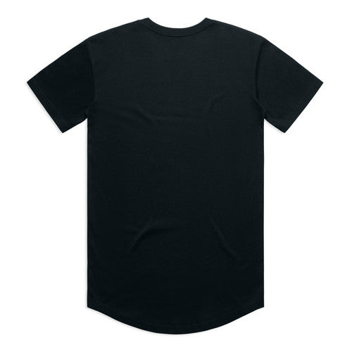 Black longline t-shirt with curved hem and short sleeves, likely made of cotton or polyester blend.