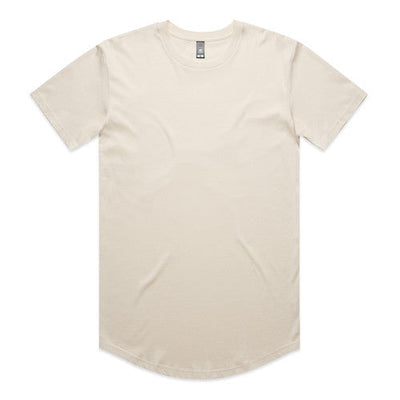Cream-colored longline t-shirt with curved hem and short sleeves, likely made of cotton or polyester blend.