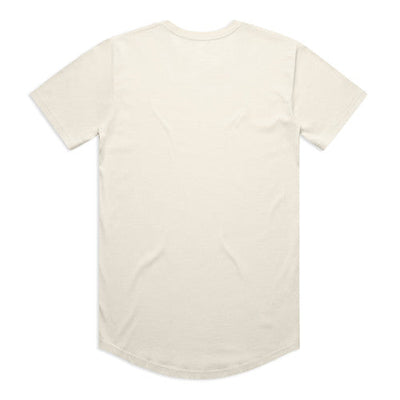 Cream-colored, short-sleeved t-shirt with a curved hem and ribbed neckline.
