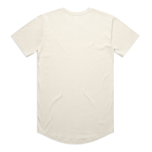 Cream-colored, short-sleeved t-shirt with a curved hem and ribbed neckline.