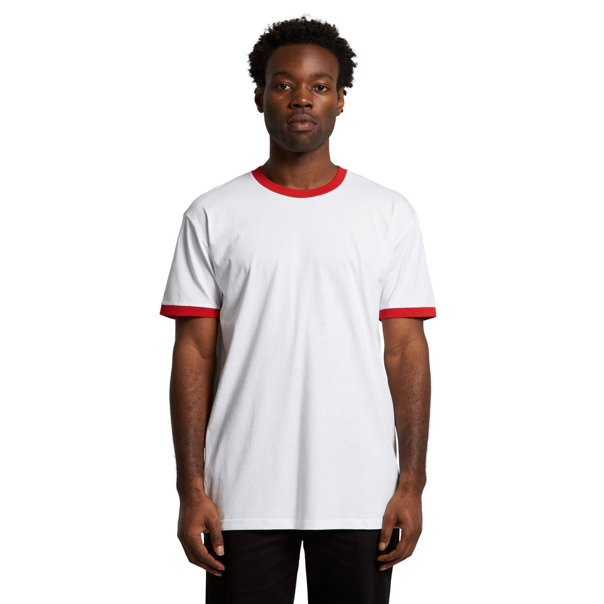 White and red ringer t-shirt with contrast trim, cotton blend material.