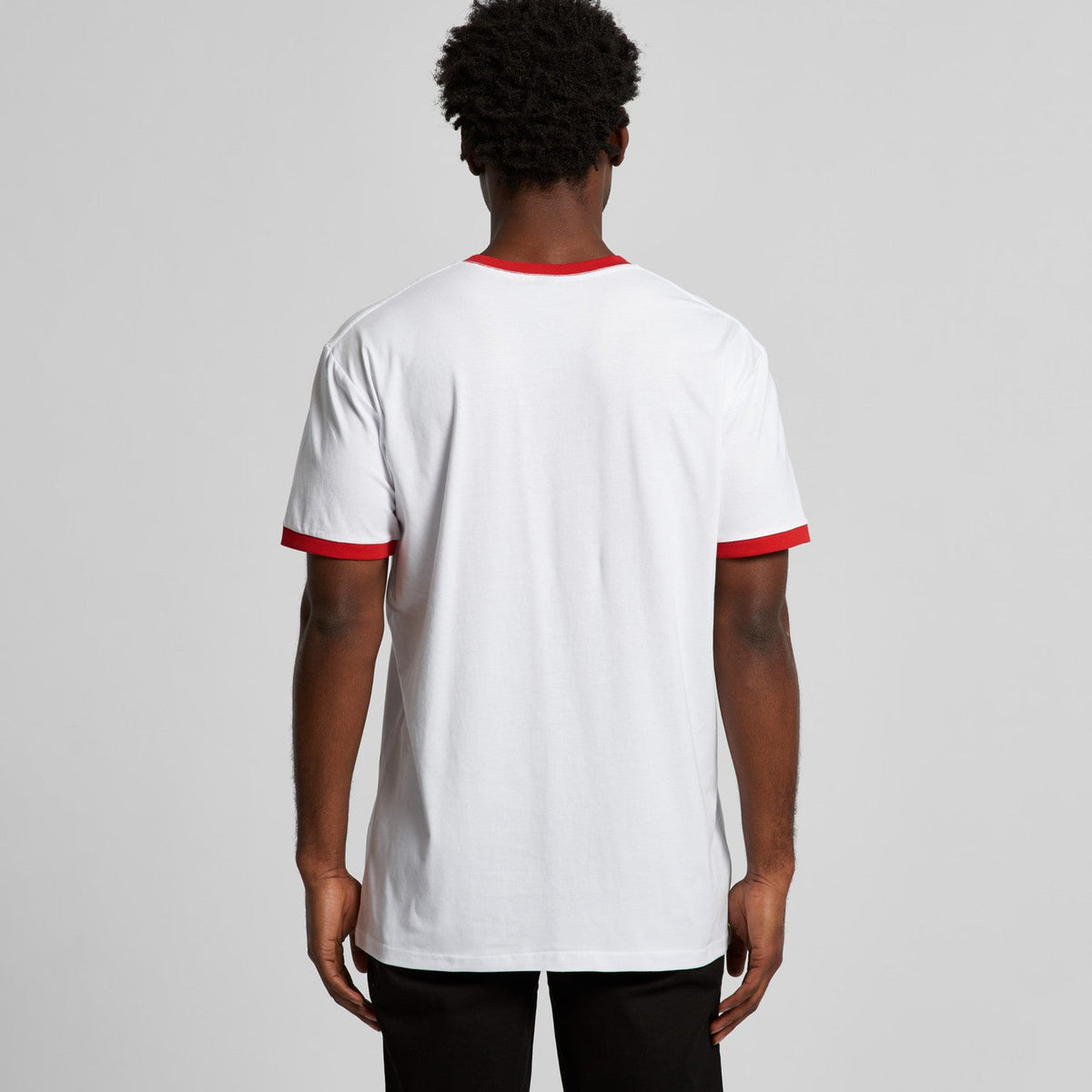 White t-shirt with red trim and collar, likely made of cotton or polyester blend.