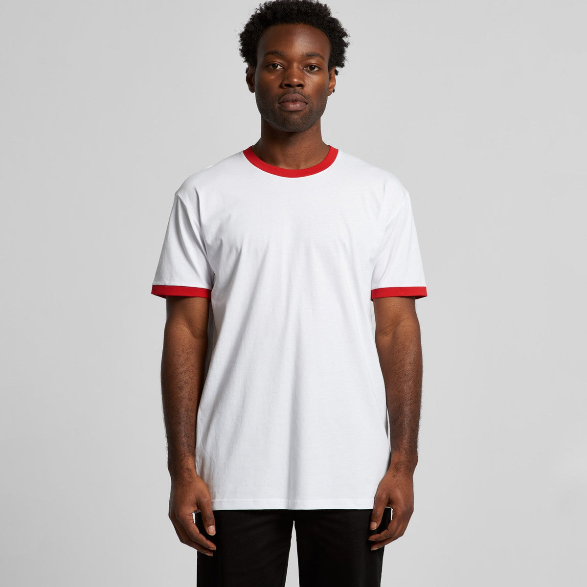White and red ringer t-shirt with contrast trim, cotton blend material.