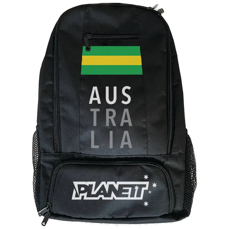 Black backpack with Australian flag colors.