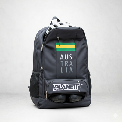 Dark grey backpack with green and yellow stripes, an open top compartment, and a zippered bottom compartment containing shoes.