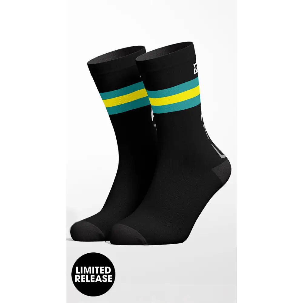 Black socks with colored stripes.