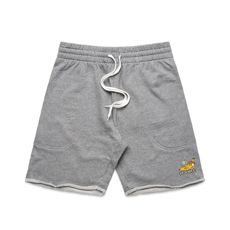 Gray sweat shorts with drawstring.