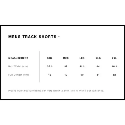 Men’s track shorts size chart.