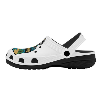 White and black clog-style sandal with a colorful graphic design on the top.