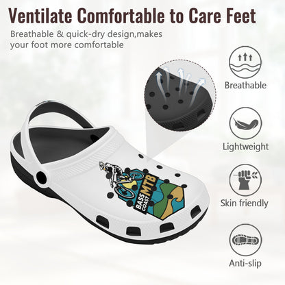 White clogs with a mountain biking graphic.