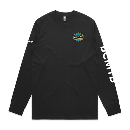 Black long-sleeved t-shirt with a colorful hexagonal logo on the chest and white text on the sleeves.