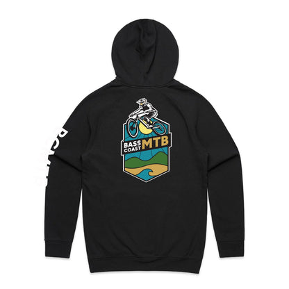 Black hoodie with a colorful ’Bass Coast MTB’ graphic on the back.