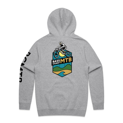Gray hoodie with a colorful ’Bass Coast MTB’ graphic on the back and ’Bass Coast MTB’ text on the left sleeve.