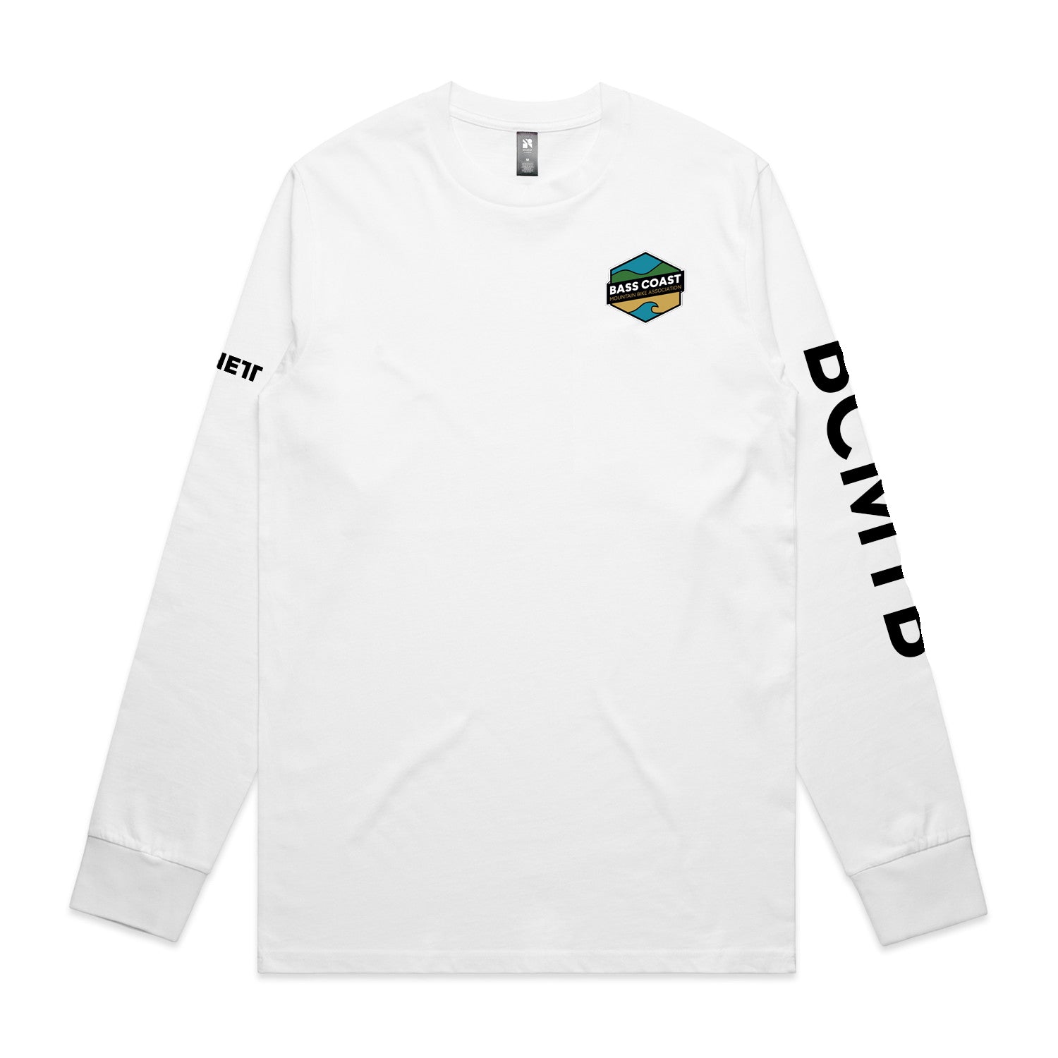 White long-sleeved t-shirt with a colorful hexagonal logo on the chest and black text down both sleeves.