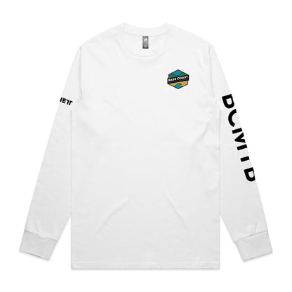 White long-sleeved t-shirt with a colorful hexagonal logo on the chest and black text down both sleeves.