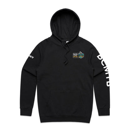 Black hoodie with white text and logo design on sleeve.