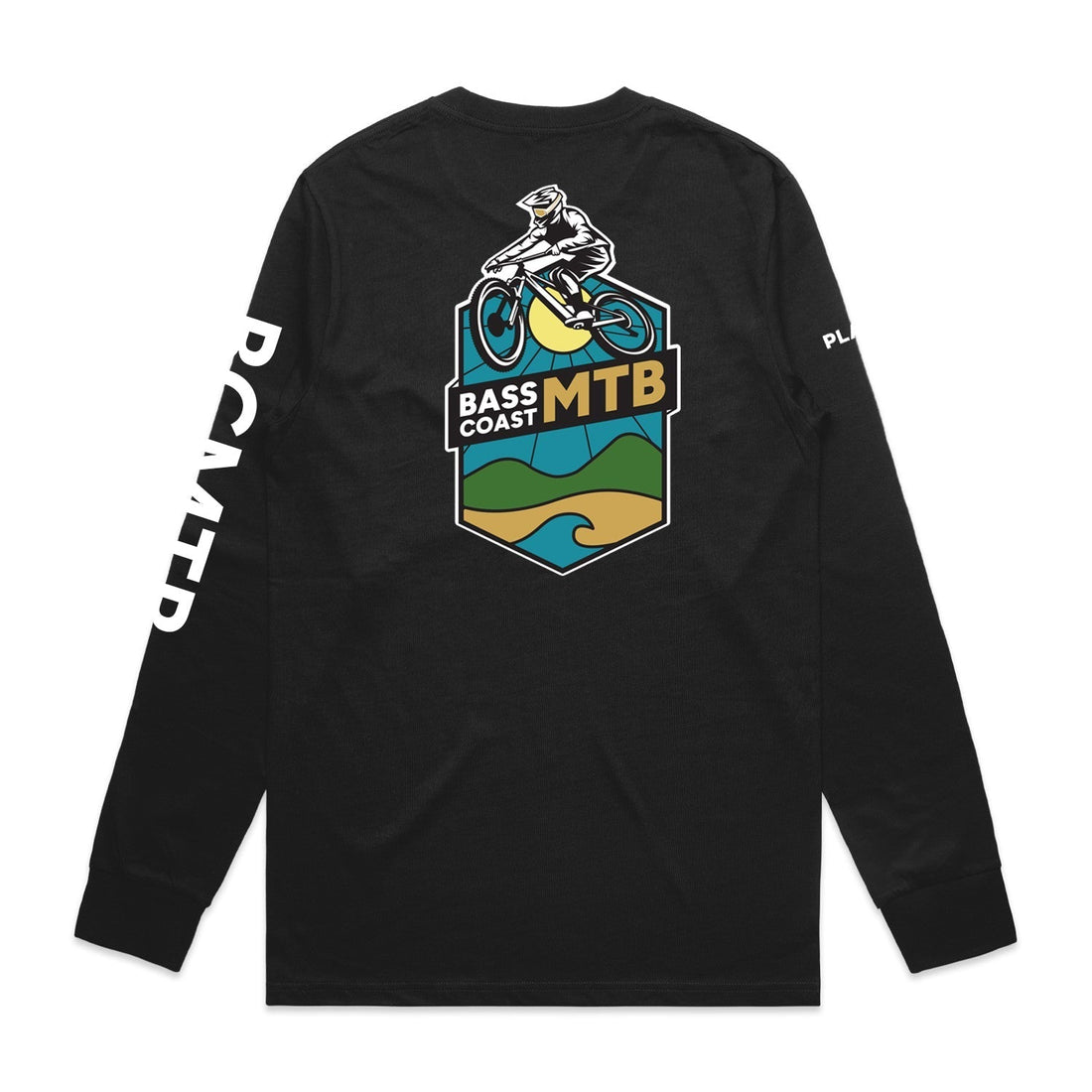 Black long-sleeved t-shirt with a colorful Bass Coast MTB graphic on the back.