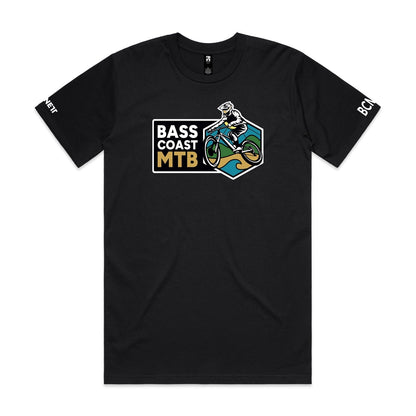 Black short-sleeved t-shirt with a colorful mountain biking logo.