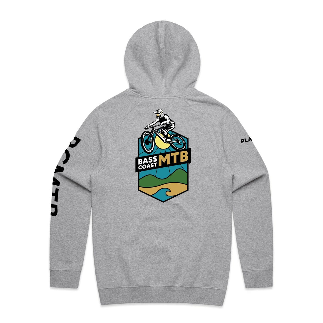 Gray hooded sweatshirt with a mountain biking graphic on the back.