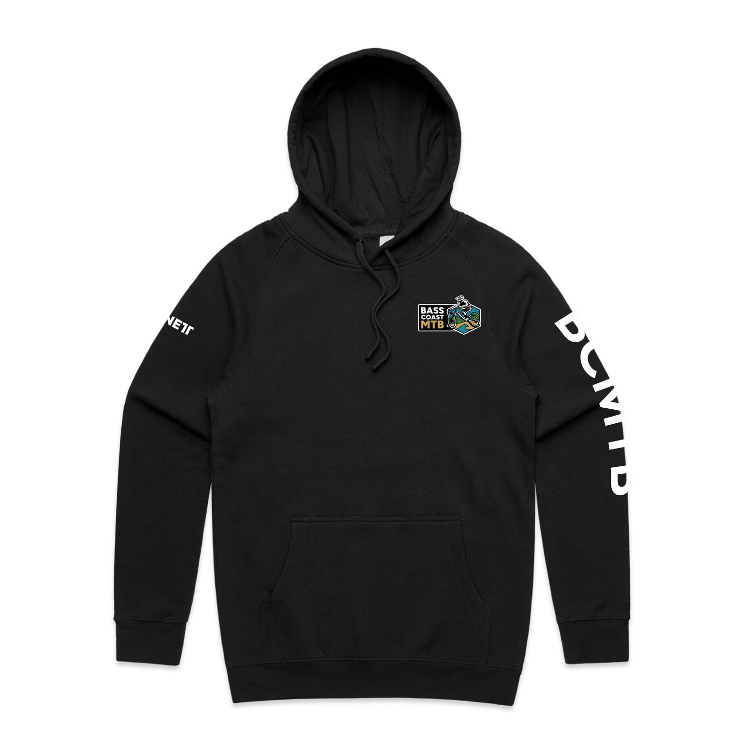 Black hoodie with white text and logo design on sleeve.