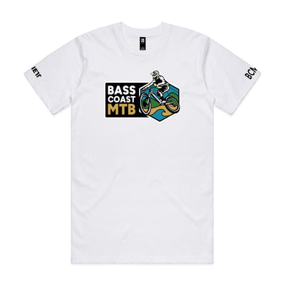 White short-sleeve t-shirt with a ’BASS COAST MTB’ graphic.