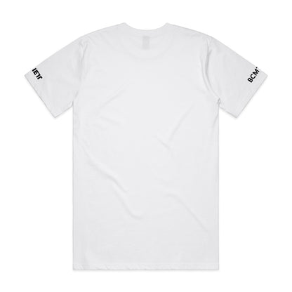 White short-sleeved t-shirt with text on both sleeves.