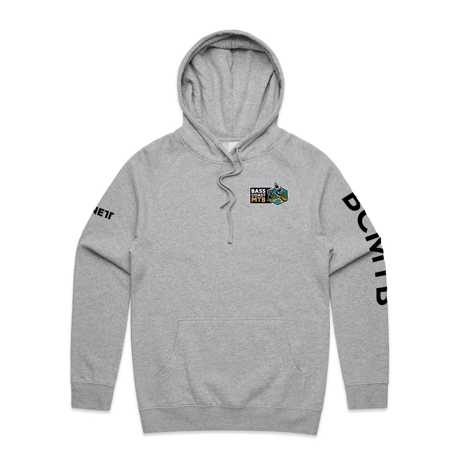 Heather gray hoodie with hood, front pocket and sleeve design featuring ’bowie’ text.