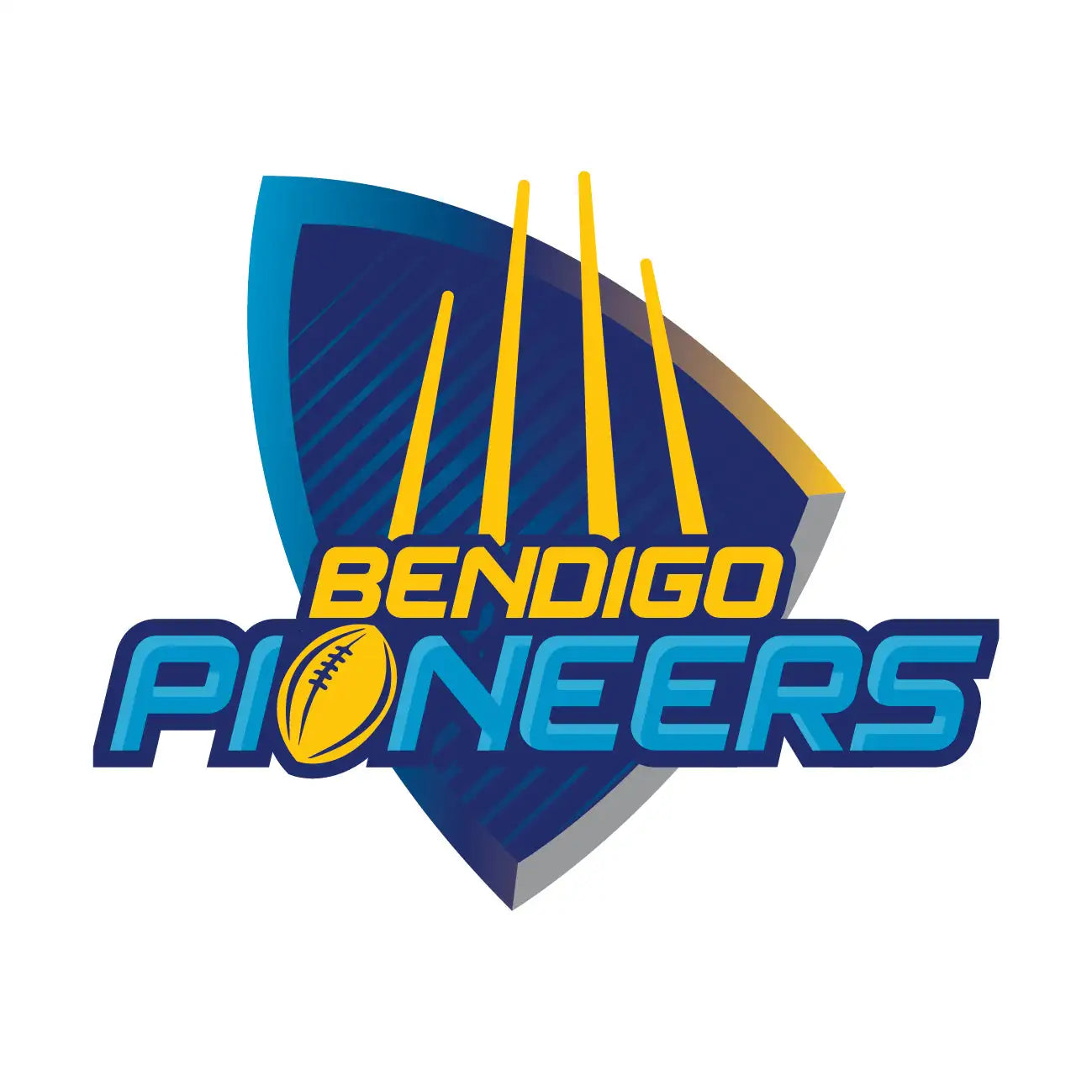 The bendigo pioneers logo features a shield with blue and yellow stripes, topped by five vertical yellow lines.